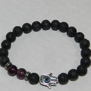 Hamsa & Evil Eye double purple accent beads & lava rock stretch bracelet